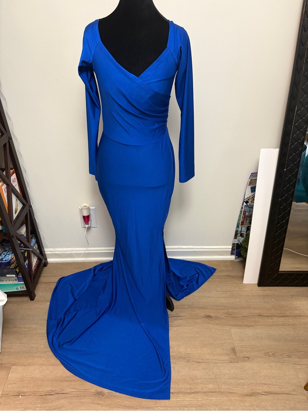 Elegant Royal Blue Long Sleeve Wrap Gown
